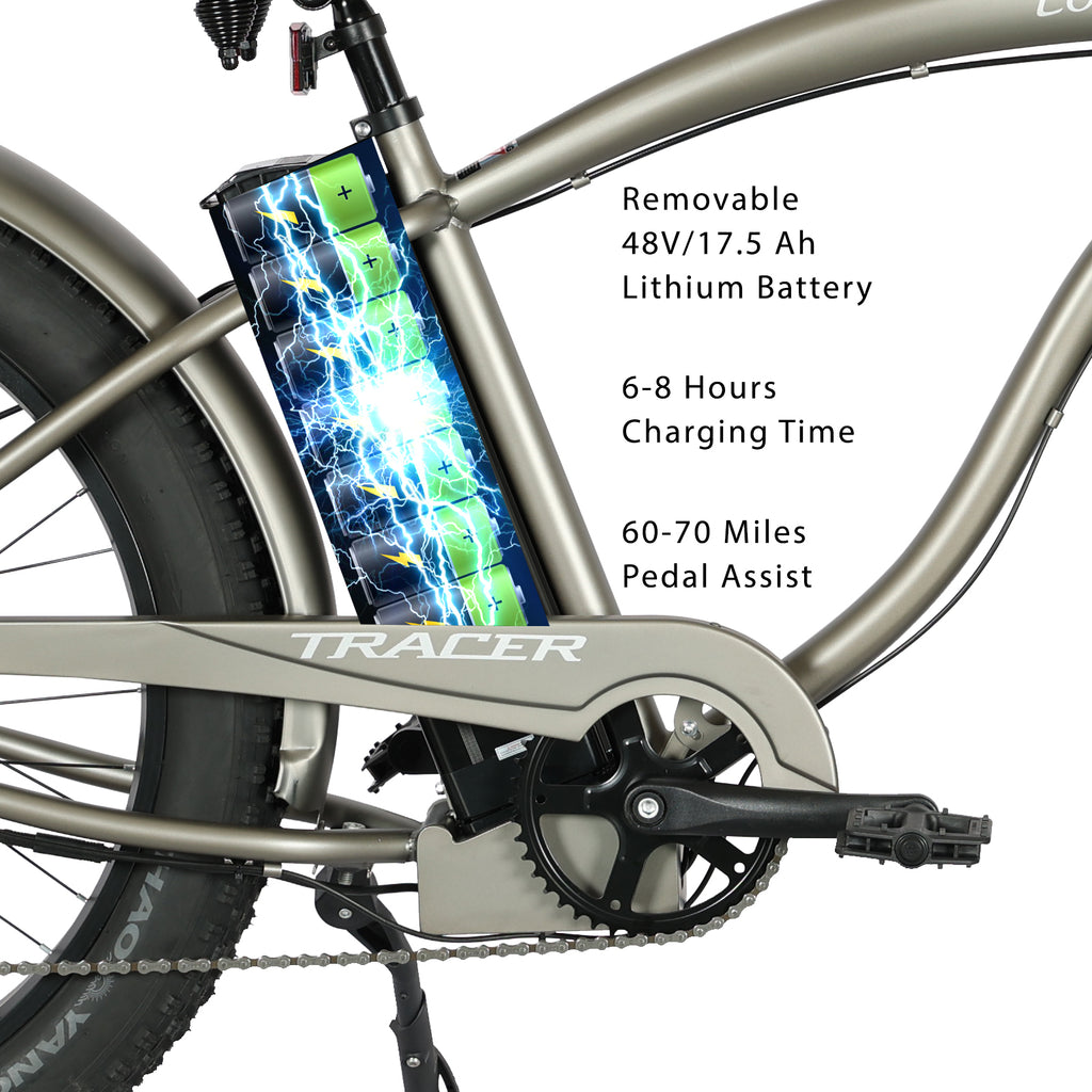 Electric bike with a visible battery pack and charging details on a white background