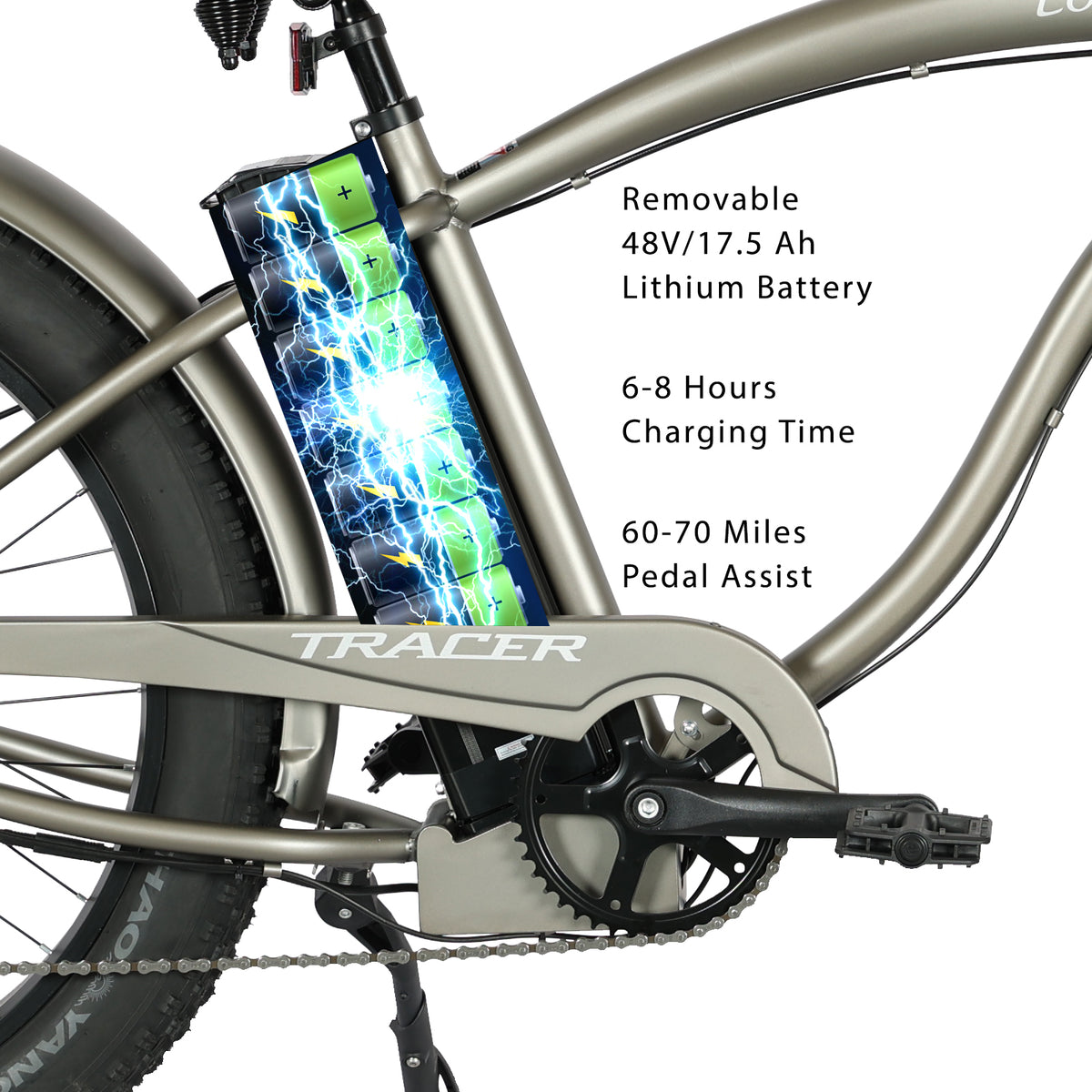 Electric bike with a visible battery pack and charging details on a white background